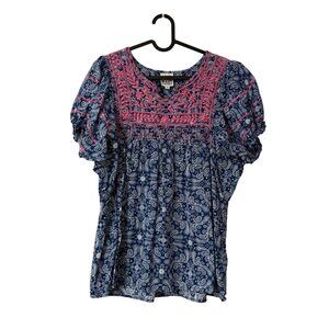 Sister Mary Blue Paisley Bandana Pink Embroidered Blouse Womens Size Small